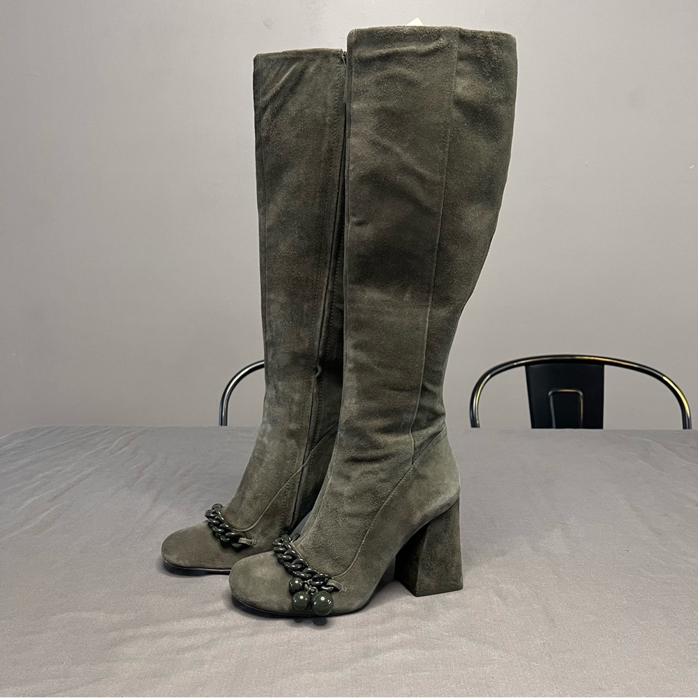 Women's Knee-High Suede Block Heel Boots in Dark Olive - Picture 8 of 15